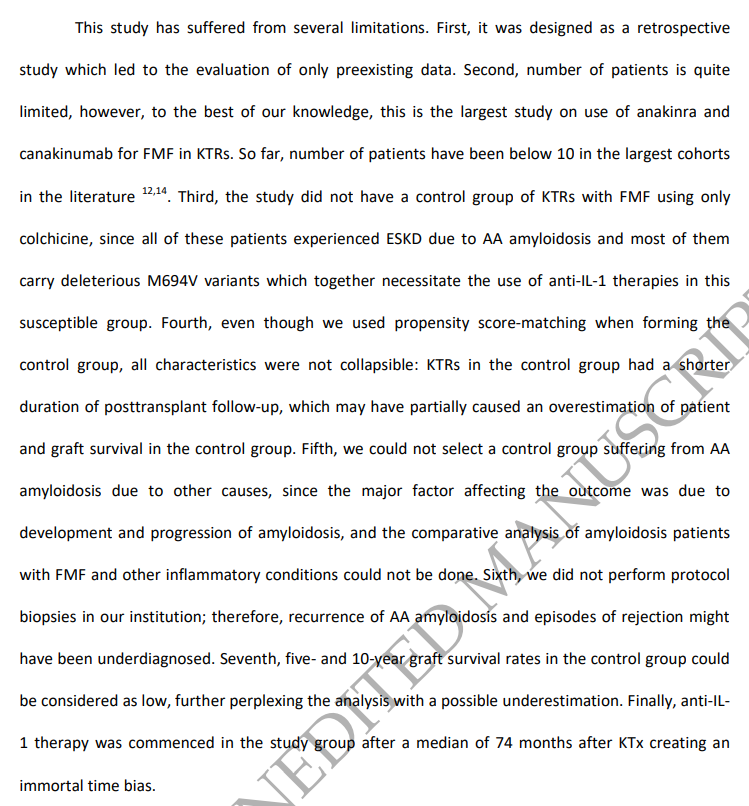 4/ Despite its limitations, this is by far the largest study on use of anakinra and canakinumab in kidney transplant recipients with FMF.