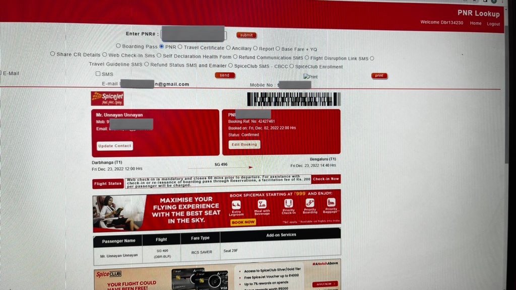 imunnayan's tweet photo. @flyspicejet @flyspicejet I opted for reschedule after cancellation of my flight from DBR-BLR,new ticket was sent to my email and now PNR is showing ticket cancelled,this is the image lady at counter clicked from my phone as printer wasnt working.Pathetic as i never opted for refund #AirSewa https://t.co/DcPUToLoTW
