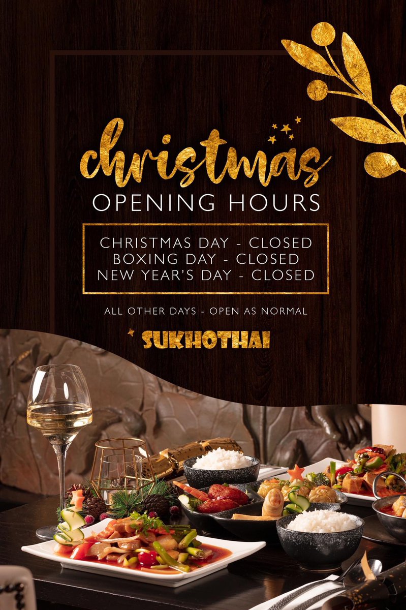 Christmas opening hours at Sukhothai ✨

We will be open as usual but closed for Christmas Day, Boxing Day and New Year’s Day.

It’s not too late to join us for our delicious festive set menus. View our availability and book - sukhothai.co.uk/reservations