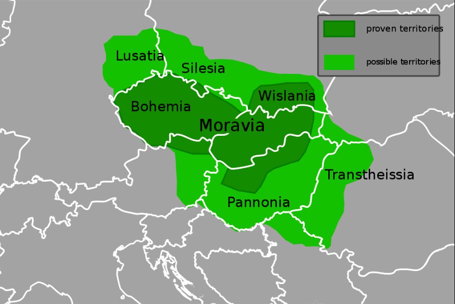 Estimated boundaries of Moravia during its peak, taken from https://en.wikipedia.org/wiki/Great_Moravia#/media/File:Great_Moravia_during_Svatopluk_(en).svg