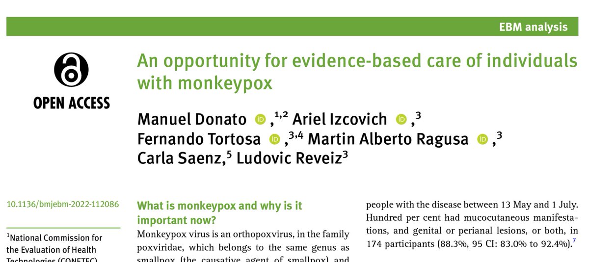 Farm_DonatoM's tweet photo. Compartimos nuestro aporte para la generación de evidencia respecto al tratamiento farmacológico para #monkeypox publicado en @BMJ_EBM. 
Este trabajo refleja la colaboración entre #CONETEC @msalnacion y @opsargentina para la toma de decisiones en salud de #Argentina. https://t.co/CGMLKKJLSr