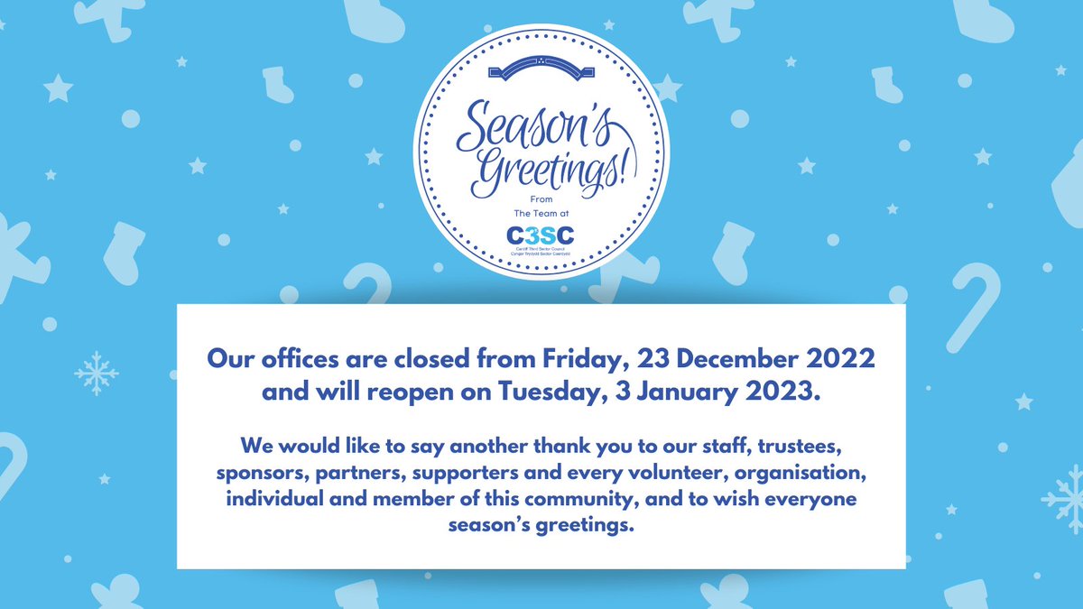 Our offices are closed from Friday, 23 December 2022 and will reopen on Tuesday, 3 January 2023.

Thank you to our staff, trustees, partners, sponsors, supporters and every volunteer, organisation and individual in this community, and to wish everyone season’s greetings.