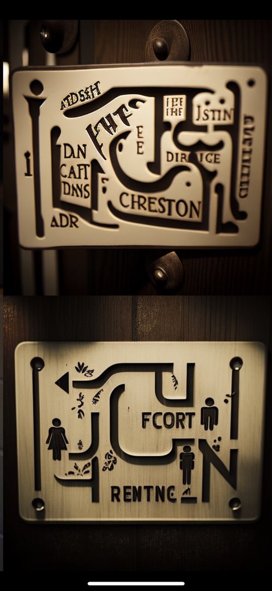 Herbie_Fun's tweet image. I started out jokingly with a @midjourney prompt for a #restroomsign to see how the #AI would respond.  Thousands of reiterations later, there have been straightforward, unsettling, humorous, mind-bendingly smart and utterly insane responses.  Please follow me on DA for updates.