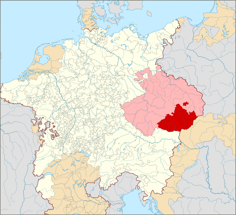 Margraviate of Moravia within Bohemia in the Holy Roman Empire in 1618, taken from https://en.wikipedia.org/wiki/Margraviate_of_Moravia#/media/File:Locator_Moravia_within_the_Holy_Roman_Empire_(1618).svg