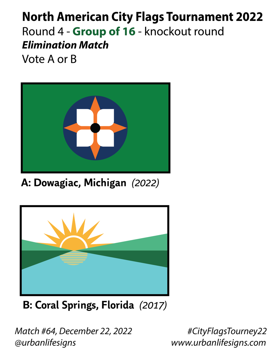 urbanlifesigns's tweet photo. Today's big second match is between Dowagiac MI, and Coral Springs FL. 
Vote for the flag with most symbolism, simple effective design, and moves your heart. Also vote in match #1 above btwn Salem and Crystal. Scroll 🧵 down and up to vote on matches. #CityFlagsTourney22 https://t.co/mSxX6d1s6i