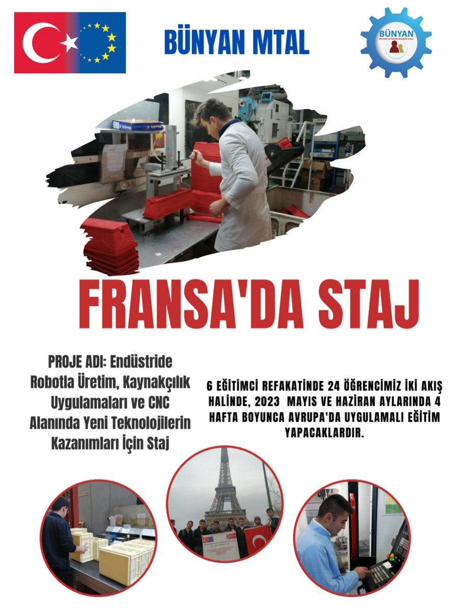 Bünyan MTAL öğretmen ve öğrencileri Erasmus+ AB projeleri kapsamında Fransa'da 4 hafta boyunca staj çalışması yapacaklardır. Proje çalışmalarını yürüten öğrenci ve öğretmenlerimizi tebrik ediyoruz.
<a href="/gokmen_cicek_/">Gökmen Çiçek</a>
<a href="/senolesmer/">Şenol Esmer</a>
<a href="/TurgutGlen/">Turgut GÜLEN</a> 
<a href="/Ayhan___TELTIK/">Ayhan TELTİK</a>
<a href="/iakdogan38/">İlker AKDOĞAN</a>