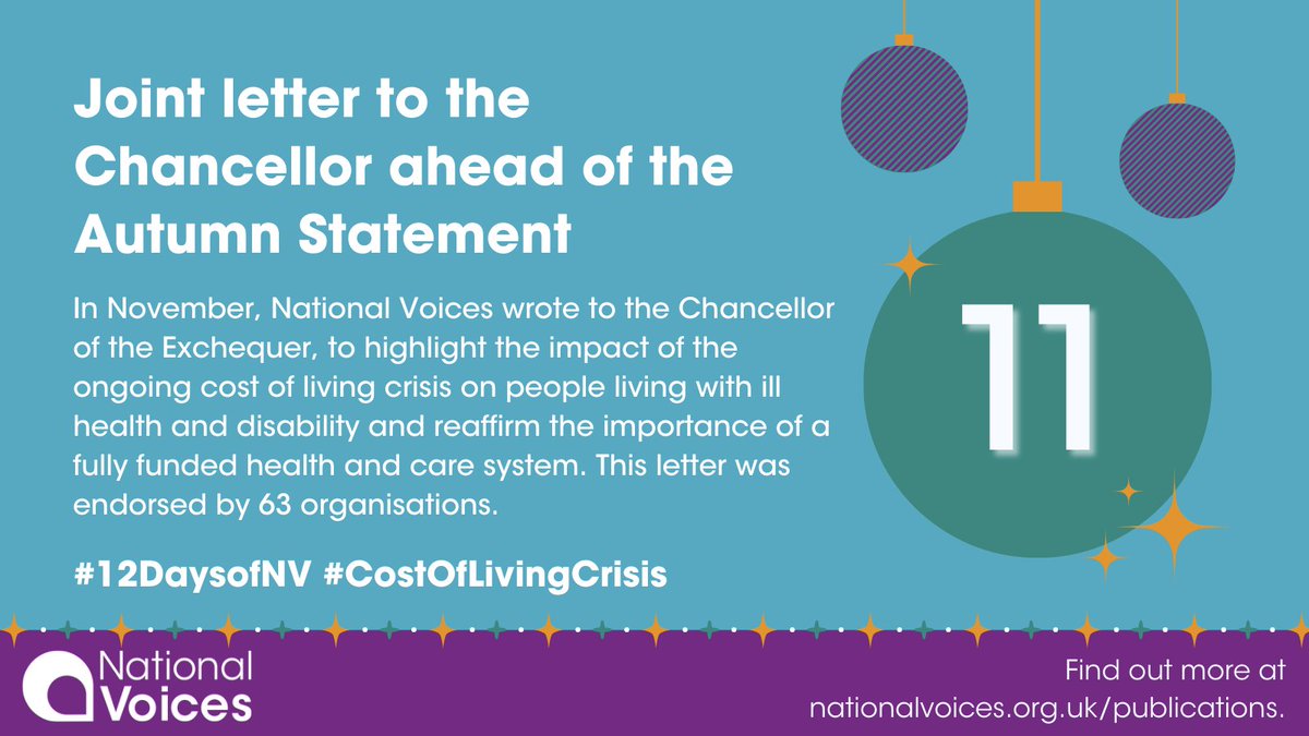 NVTweeting's tweet photo. 🎁 On the eleventh day of Christmas…

We sent a joint letter to @Jeremy_Hunt, to highlight the impact of the ongoing #CostOfLivingCrisis on people living with ill health. 

This letter was signed and endorsed by 63 members. 

#12DaysofNV

✉️https://t.co/OA0m0F4UNq https://t.co/mnHdhKncIk
