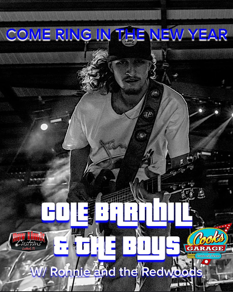 CookGarage's tweet photo. Come ring in the New Year with us at Cook’s Garage! Doors open at 7:00! We have @RedwoodRonnie getting the party started, then @ColeBarnhill_ to start 2023 off right and DJ Lobo closing out the night! #cooksgarage #newyearseve #nye2023 #nye #nyeinlbk #concert #party https://t.co/ej6aQPcDk7