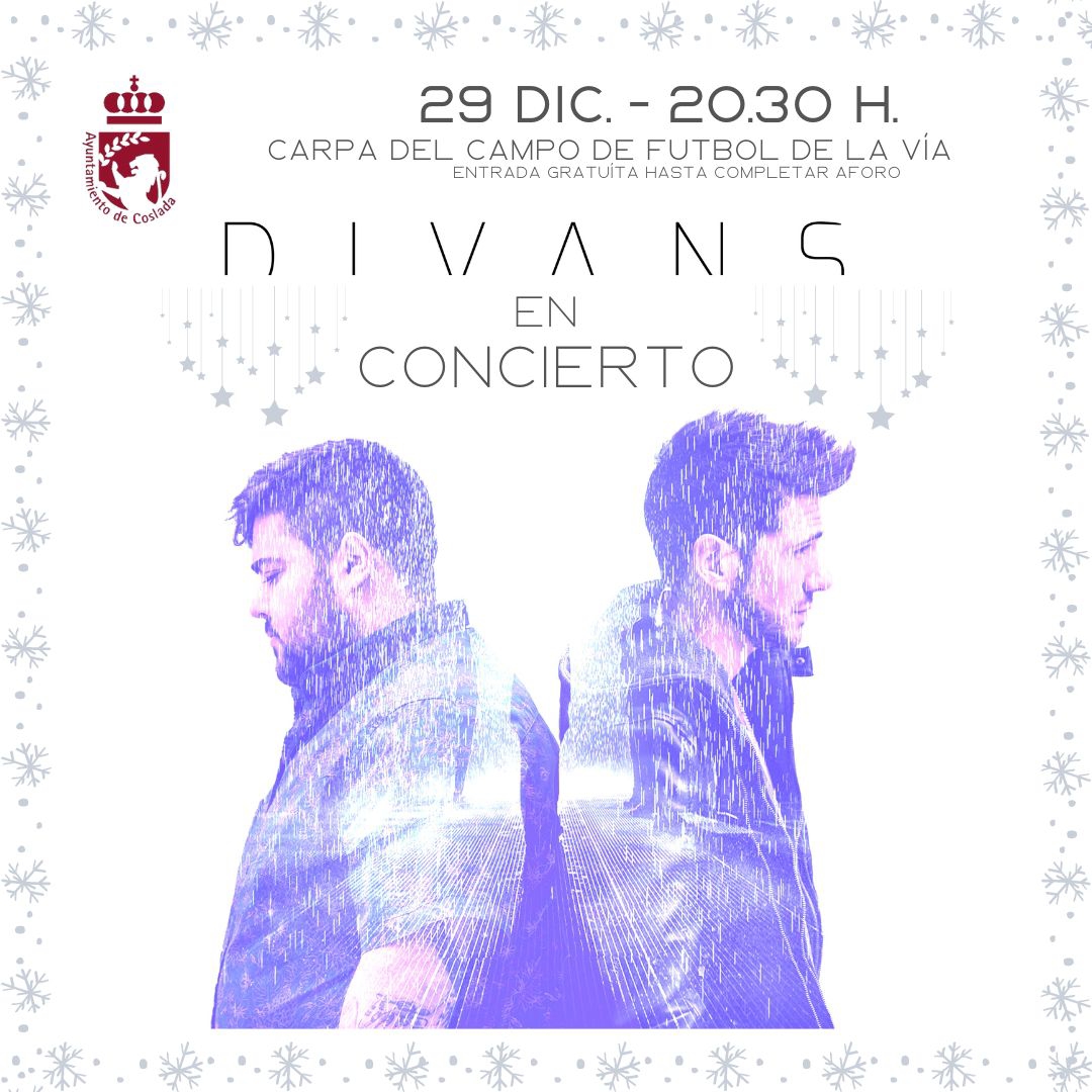 Ayto_Coslada's tweet photo. 🎄🎉🐫 Navidad en #Coslada 2⃣0⃣2⃣2⃣

🎤🎸 @DiVansOficial en Concierto ‼️ 

🗓️ Jueves 2⃣9⃣ de diciembre a las 20:30 hs. en la Carpa del Campo de Fútbol La Vía de #Coslada 

🎟️ Entrada libre hasta completar aforo ‼️

➕ℹ️⤵️
https://t.co/aJ3TxOu4hm https://t.co/BnDgkc0dDq