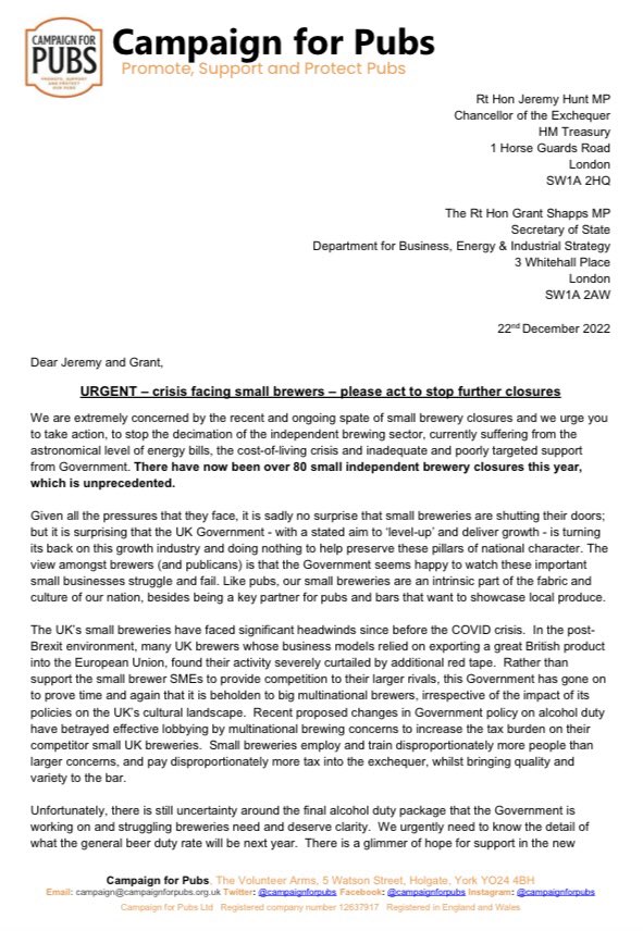 CampaignforPubs's tweet photo. The Government needs to act to save #smallbreweries &amp; the wonderful diverse UK #brewing scene. Here’s our letter from @BrassCastlePhil &amp; Dawn Hopkins @RoseNorwich   to Chancellor @Jeremy_Hunt &amp; @beisgovuk Secretary of State @grantshapps. 

#BackOurBrewers

https://t.co/i809TNhUVy https://t.co/ocXSq9cvxR