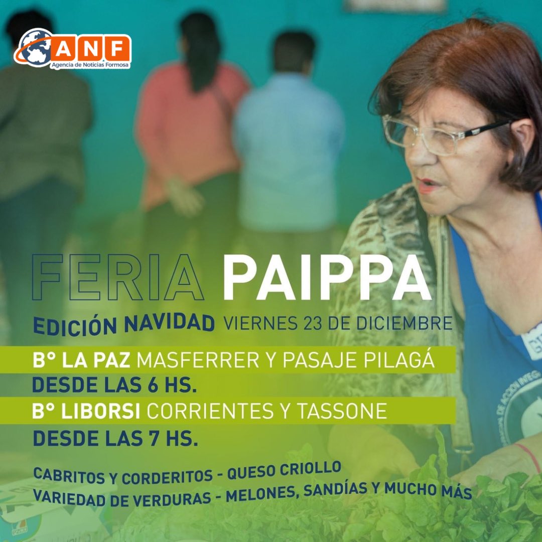 NoticiaFormosa's tweet photo. 🎄 #FERIA #PAIPPA #NAVIDAD
🎅 Este viernes habrá dos puntos de compra de la #FeriaPaippa en la ciudad, en los barrios La Paz y Liborsi. Esperamos a todos los vecinos con productos de estación a muy buen precio.
#Productores #FindeAño #ANF #AgenciadeNoticias #Noticias #Formosa https://t.co/Qbfjay8W8Q