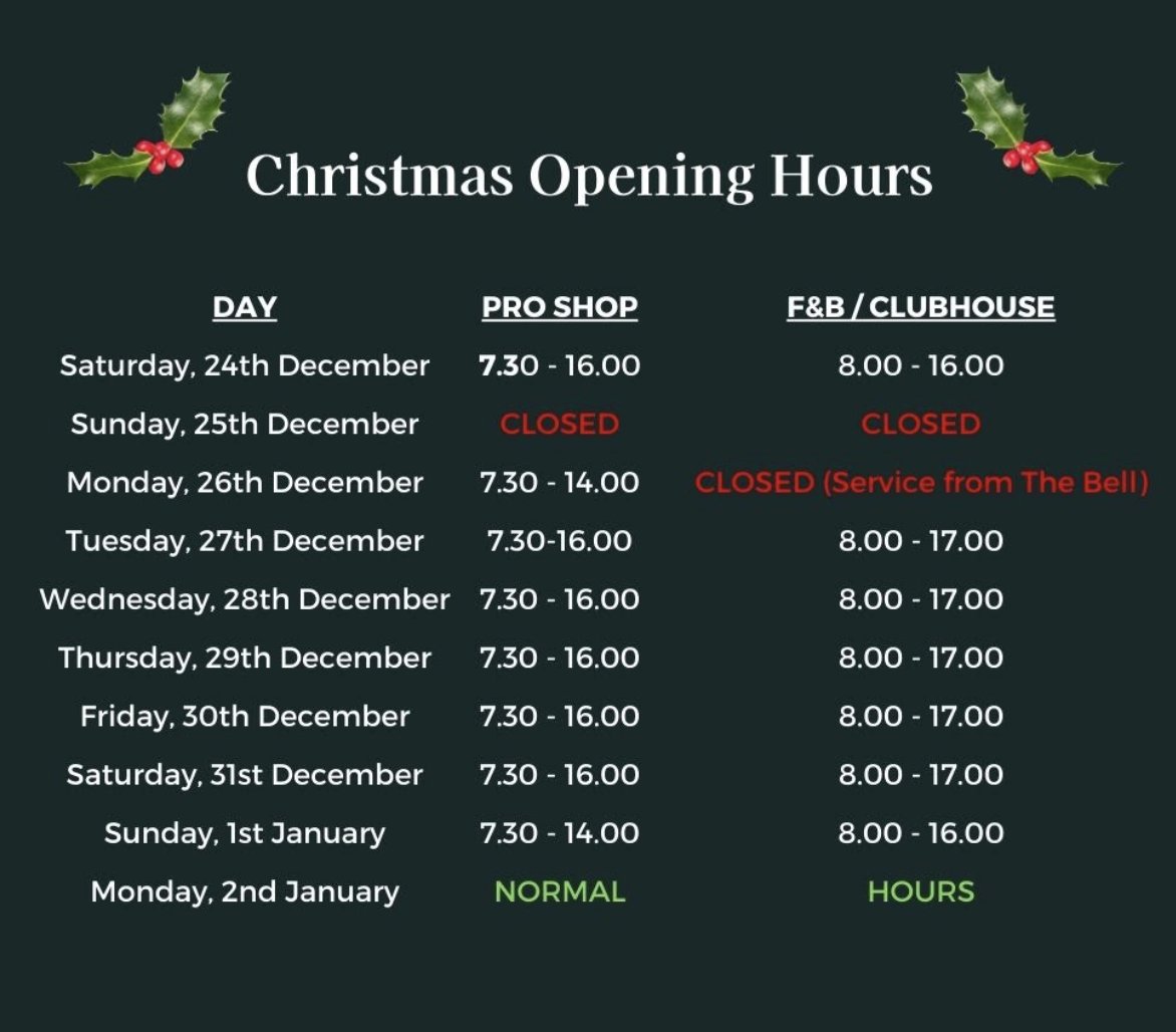Looking forward to welcoming members and guests to the club over the Christmas and New Year holiday.🎄

Our opening hours will be as follows from the 24th of December until the 2nd of January. 

Wishing everyone a Very Merry Christmas! 

#christmasgolf #newforestlife