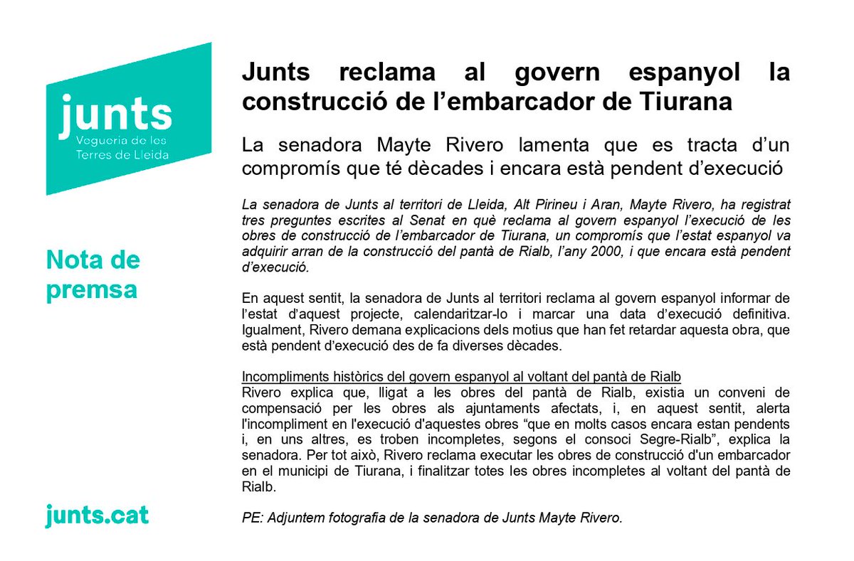JuntsVLleida's tweet photo. 📣@JuntsXCat reclama al govern espanyol la construcció de l'embarcador de #Tiurana

🗣️La senadora de #Junts pel territori @riveropirineu lamenta que es tracta d'un compromís que té diverses dècades i que encara està pendent d'execució

Llegiu la notícia👇 https://t.co/rRGwUnANL9