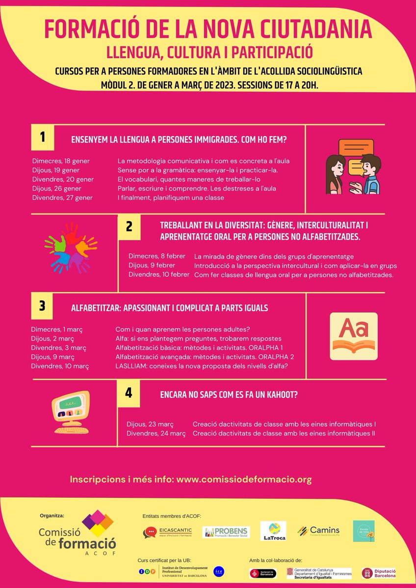 Molt contentes amb el programa del proper Mòdul del curs per persones voluntàries que senenyen la llengua i alfabetització. Si vols millorar les teves competències com a formador/a, mira-t'ho! Comencem al gener!
Més info: comissiodeformacio.org/curs-de-formac…...