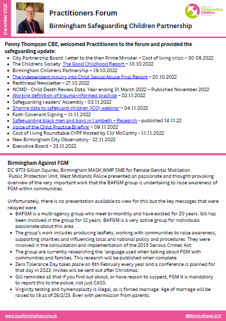 BirminghamLSCP's tweet photo. 📢The bulletin from the #BSCP December Practitioners' Forum has been published. To read this and previous bulletins⬇️ https://t.co/eWJVDQ5Lka @penny_thompson #PractitionersForum #AgainstFGM #FGM https://t.co/QtUZuZSFk3