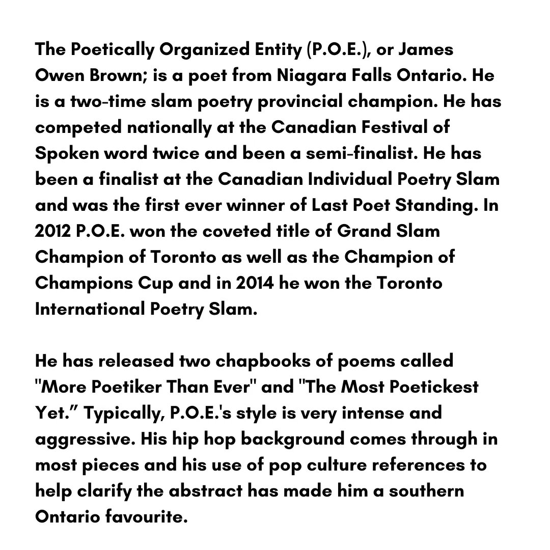 PoetryLabNews's tweet photo. Presenting the finalists for 🌟THE POETS 🌟

The Poetically Organized Entity (P.O.E.), AKA James Owen Brown
 
#spokenwordcompetition #poetrycommunity #spokenword #THEPOETS #PoeTV #caffeinetv #poetry https://t.co/5MuEQqIjLX