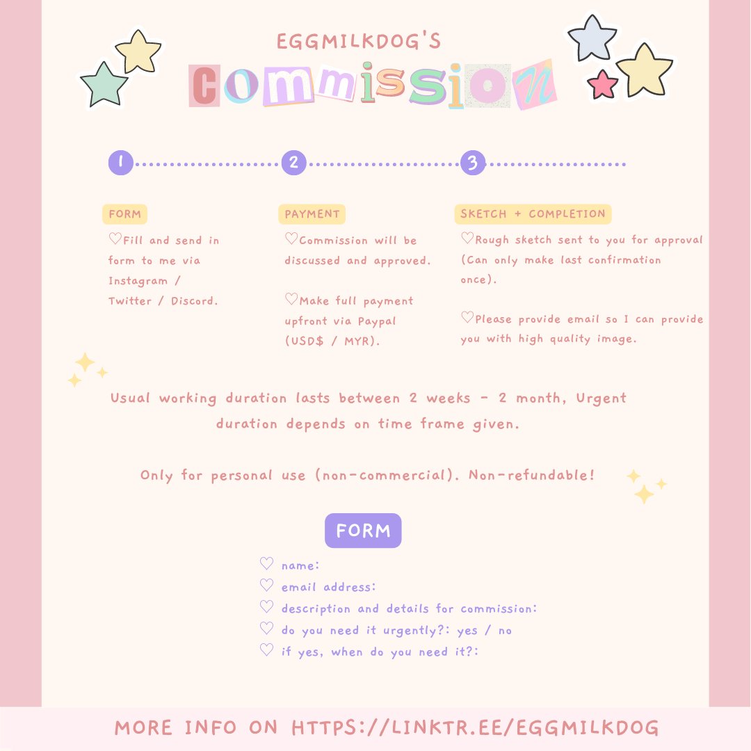 eggmilkdog's tweet photo. ( RTs are appreciated !! ✨) 

Updated commission! They are available and open.
More info here >> https://t.co/tfX4UCWISe

♡ DM me if you have any questions! 
♡ ig/twt: eggmilkdog https://t.co/QMPZSY11oA