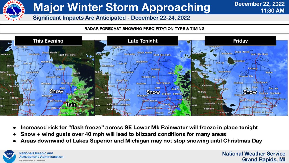 Rain or snow will move into Lower Michigan today between 3 and 8 PM. Rain at the start is possible near and east of Grand Rapids and Kalamazoo, more likely and lasting longer toward the southeast side of the state. A crust of ice may form there as temperatures fall. #wmiwx #miwx
