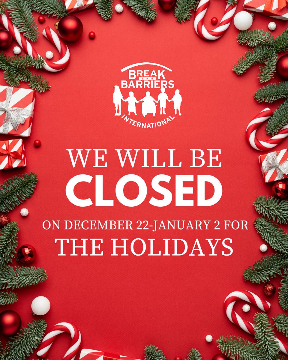 btb4all's tweet photo. Just a friendly reminder that Break the Barriers will be closed for the holidays. 

There will be no classes December 22nd-January 2nd. We open for the New Year January 3rd. 

#BTB #BreaktheBarriers #BTB4ALL #HappyHolidays #NewYear #2023 https://t.co/EUMHrbqMWZ