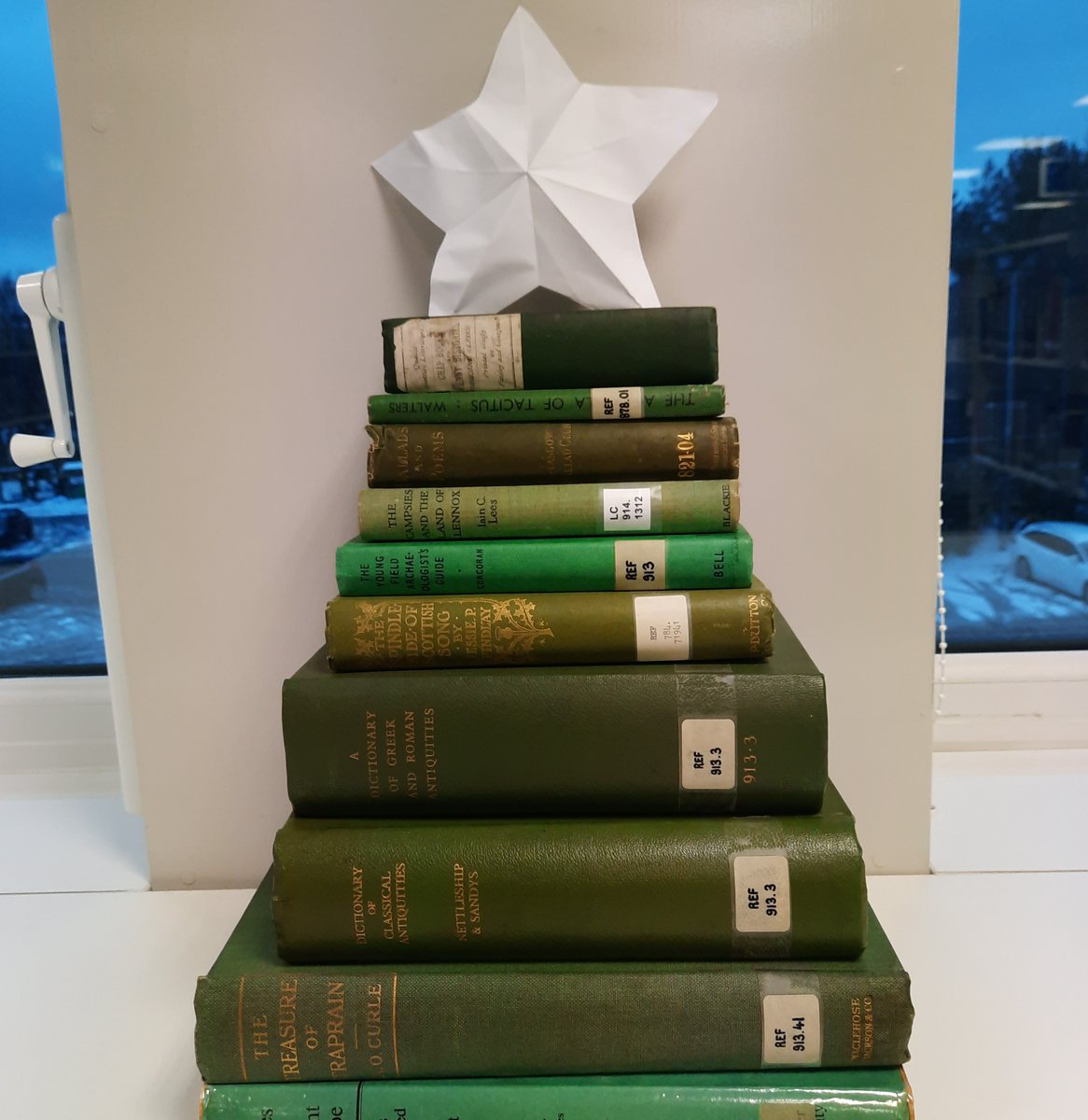 EDLC_Culture's tweet photo. Adding some festive cheer to our study space with a tree made of local studies books! Find us on the 1st floor of the William Patrick Library in Kirkintilloch https://t.co/uOooonSptl

#festive #bookchristmastree https://t.co/V2gcXBGj4d