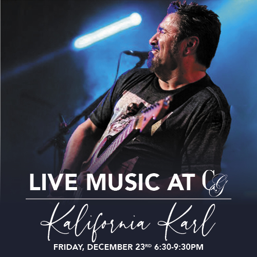 This Friday Night, December 23rd, kick off your Christmas weekend with a live performance from Kalifornia Karl, 6:30- 9:30PM, at Chapel Grille's Cathedral Bar & Lounge. Make your reservations now! bddy.me/3hJTnnl