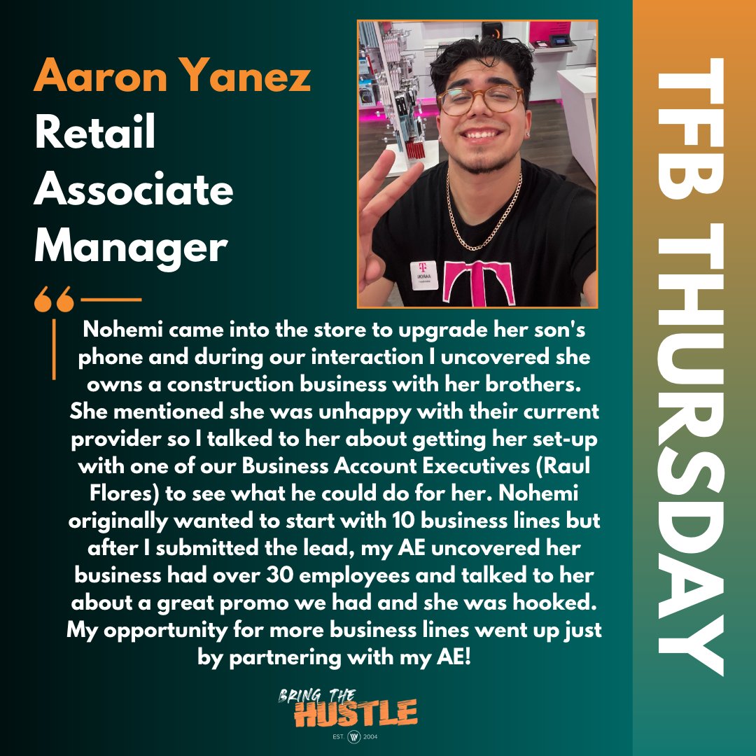 WirelessVision's tweet photo. Thursday is here, so we are shouting out Aaron Yanez for working with his customer and uncovering their T-Mobile For Business needs! Great job, Aaron! #workhard #tfbthursday #thursdayvibes https://t.co/02qOFmV9cn