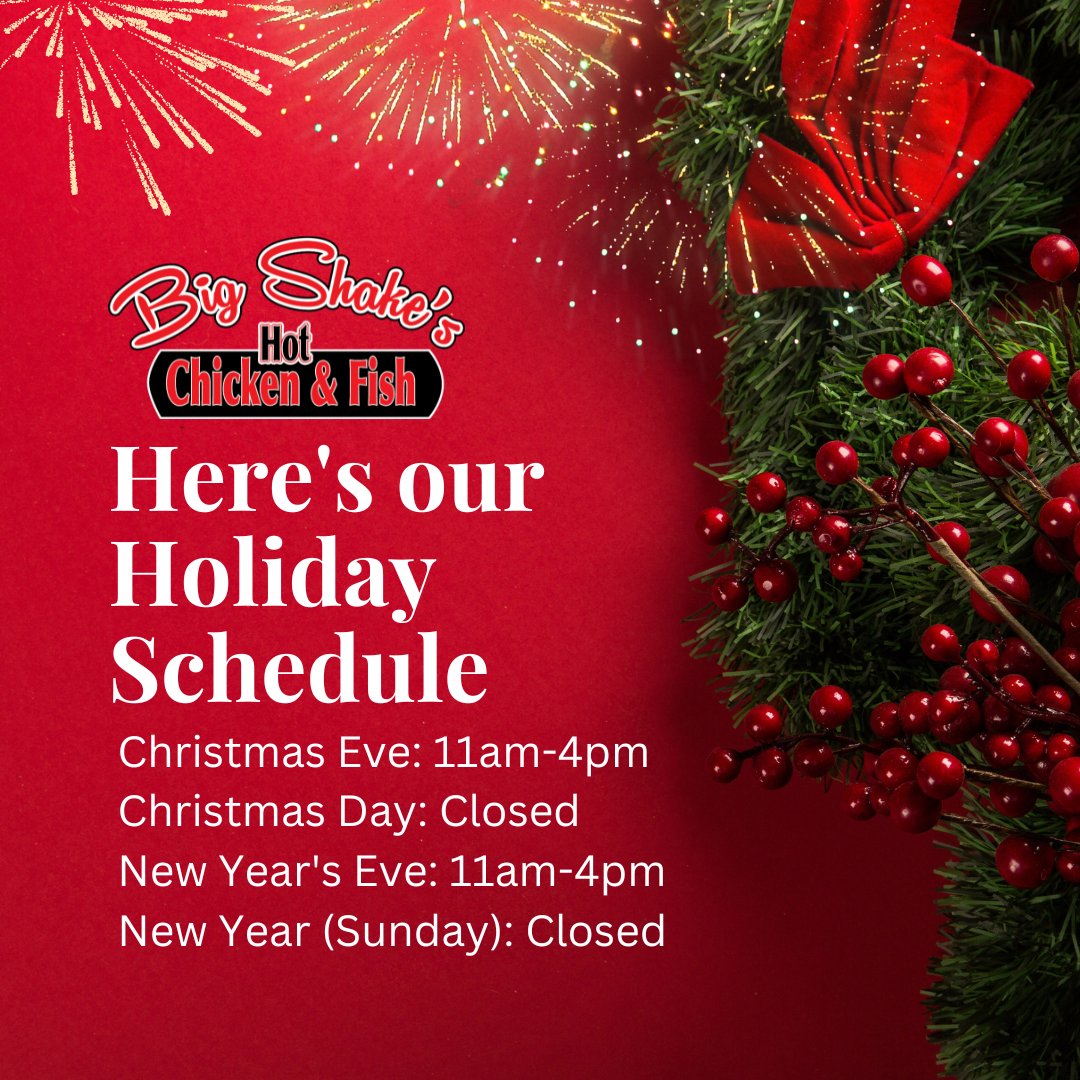 shakeschicken's tweet photo. Giving back the time to our family's families! ✨

Check out our holiday schedule! 🍗

Regular hours starting Dec 26th to December 30th! 

Don't forget to visit us!

#BigShake #ChickenandFish #comfortfood #bigshakeshotchicken #friedfish #tnfoodie #ChefBigShake https://t.co/pYCnH5xWCa