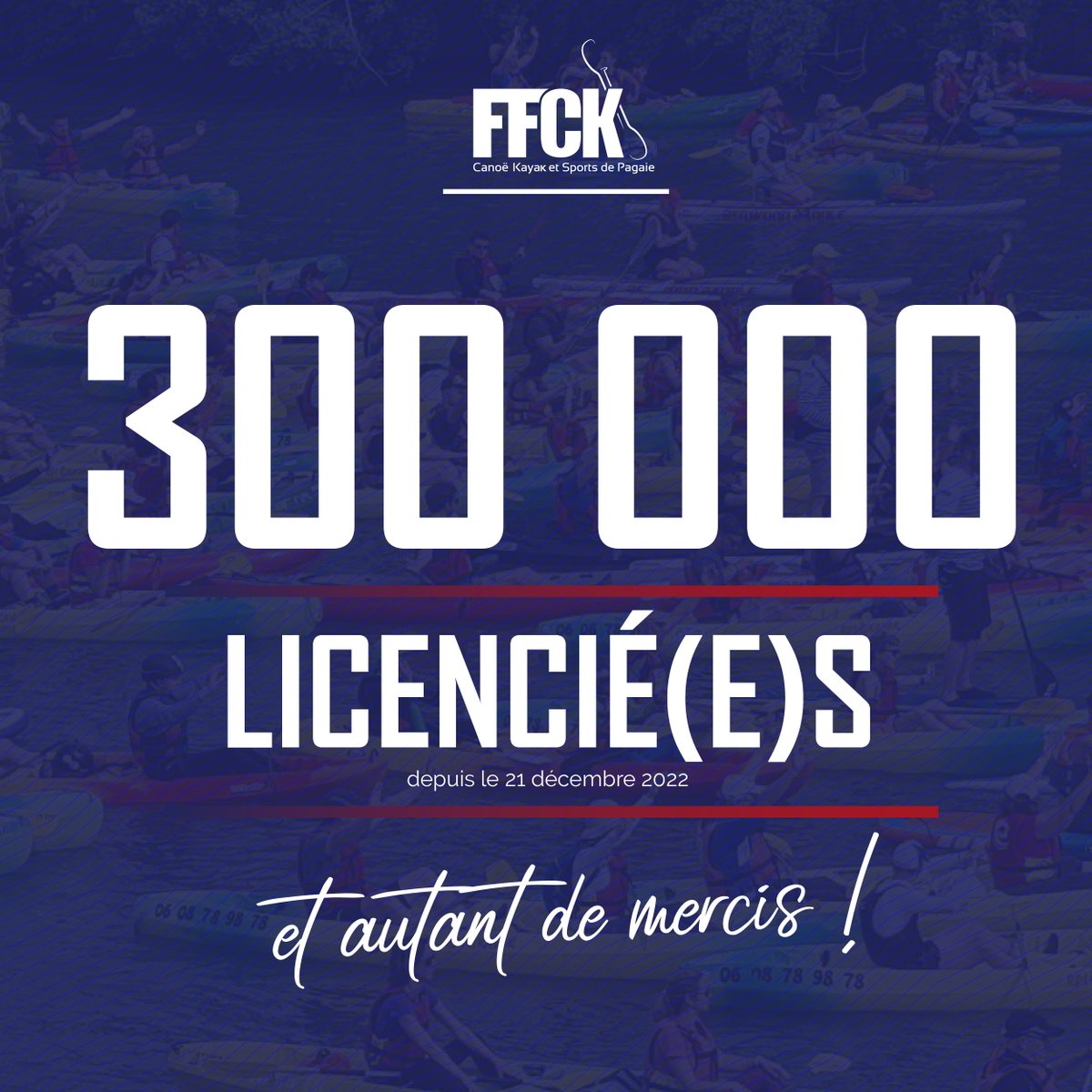 FF_CanoeKayak's tweet photo. 𝗡𝗼𝘂𝘀 𝘀𝗼𝗺𝗺𝗲𝘀 𝟯𝟬𝟬 𝟬𝟬𝟬 ! 

Ce mercredi 21 décembre 2022 a marqué un tournant dans l’Histoire de la #FFCK : 𝐧𝐨𝐮𝐬 𝐚𝐯𝐨𝐧𝐬 𝐟𝐫𝐚𝐧𝐜𝐡𝐢, 𝐩𝐨𝐮𝐫 𝐥𝐚 𝐩𝐫𝐞𝐦𝐢𝐞̀𝐫𝐞 𝐟𝐨𝐢𝐬, 𝐥𝐞 𝐬𝐞𝐮𝐢𝐥 𝐝𝐞 𝟑𝟎𝟎 𝟎𝟎𝟎 𝐥𝐢𝐜𝐞𝐧𝐜𝐢𝐞́(𝗲)𝐬 ! 🎉 https://t.co/AYO5ckgSFX