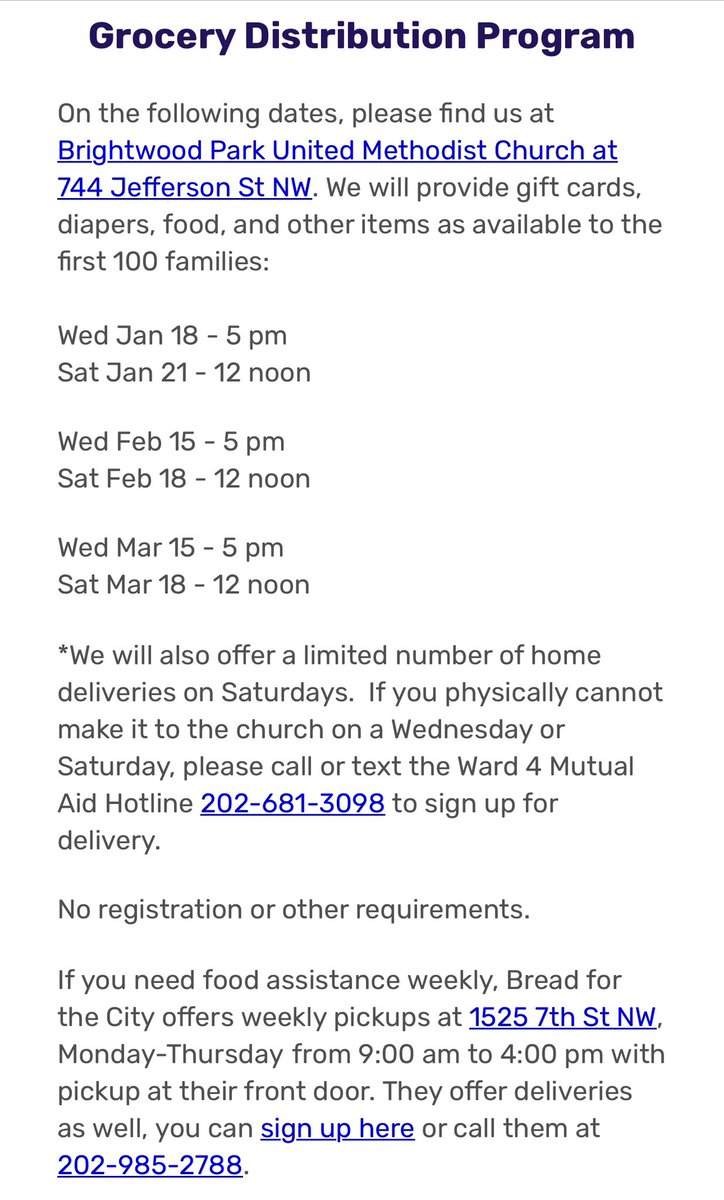 <a href="/DCW4MutualAid/">Ward 4 Mutual Aid</a> has announced their grocery distribution dates for January-March 2023, which all take place at Brightwood Park United Methodist Church (744 Jefferson Street NW)! <a href="/CMLewisGeorgeW4/">CM Janeese Lewis George</a> <a href="/cmoney_htx/">Commissioner Lucarelli, ANC 4D03</a>