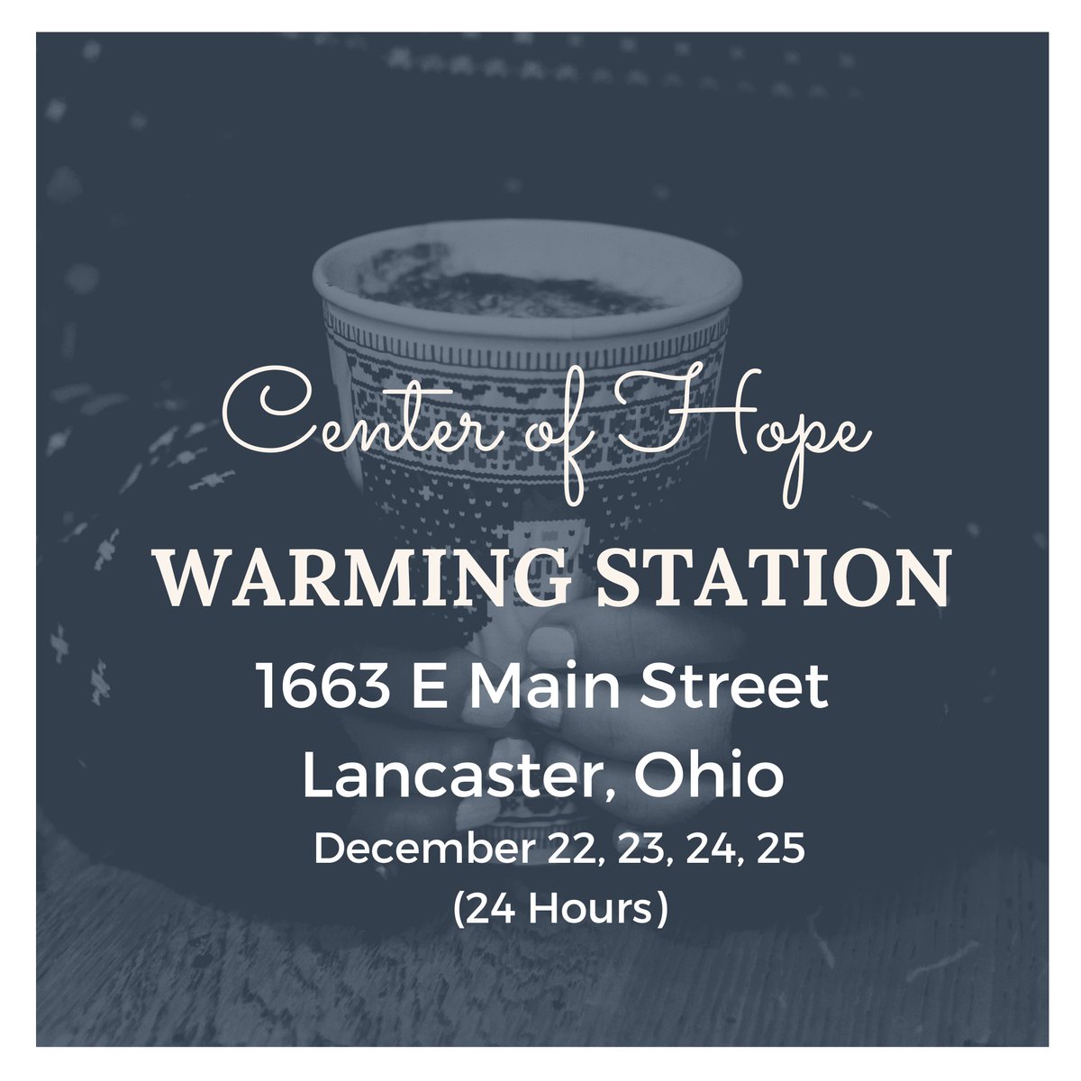 FairfieldADAMH's tweet photo. Center of Hope will be a warming station during the arctic blast.

December 22, 23, 24, 25 (24 Hours)
Located at 1663 E Main St.
Lancaster, Ohio https://t.co/awDwS13CJo