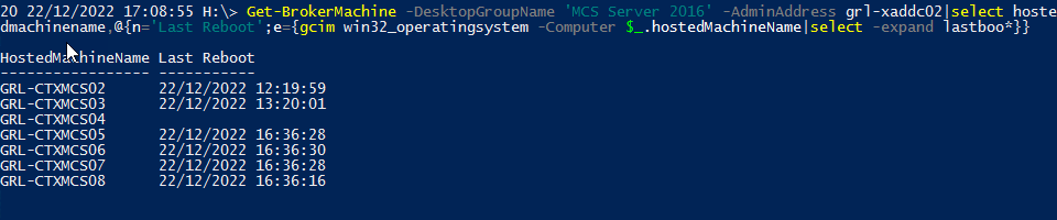 guyrleech's tweet photo. @Citrix 1 liner to show last boot time for machines in delivery group
Get-BrokerMachine -DesktopGroupName 'MCS Server 2016' -AdminAddress grl-xaddc02|select hoste
dmachinename,@{n='Last Reboot';e={gcim win32_operatingsystem -Computer $_.hostedMachineName|select -expand lastboo*}} https://t.co/lFK4GcXmVK