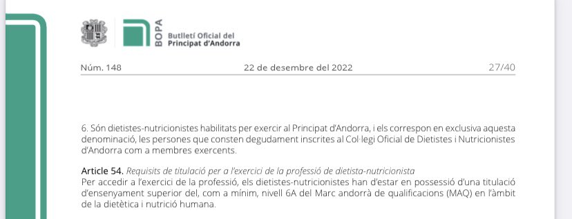 Des d’avui ja som oficialment una professió sanitaria titulada i regulada per llei a #Andorra #dietistanutricionista 
💚💚💚💚💚