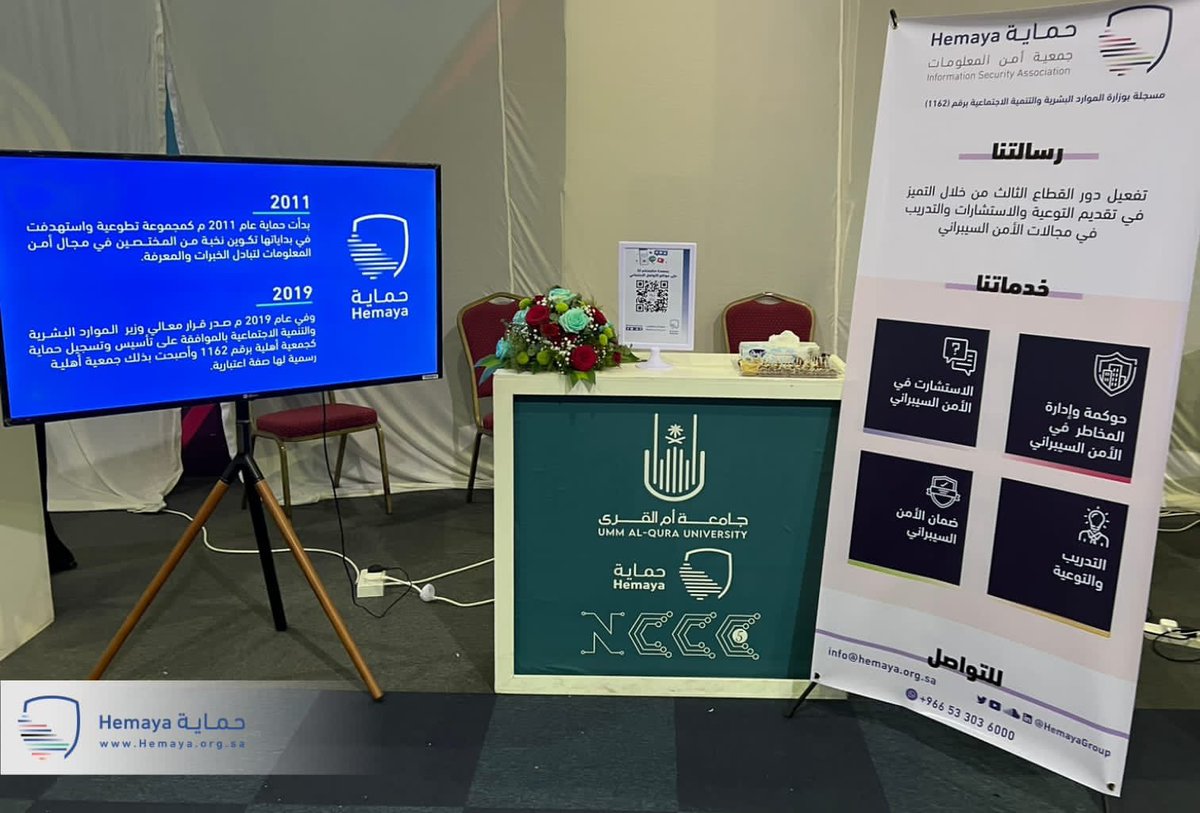 HemayaGroup's tweet photo. تشرفنا في جمعية أمن المعلومات (حماية) بالمشاركة بركن تعريفي في 
المؤتمر الوطني الخامس لكليات الحاسب الآلي بالجامعات السعودية

 المقام في جامعة أم القرى @uqu_edu 

وتم من خلاله عرض أنشطة ومبادرات الجمعية ومساهمتها في تمكين التطوع المختص وخدمة المجتمع في مجال الأمن السيبراني https://t.co/gJADFs5Gmk