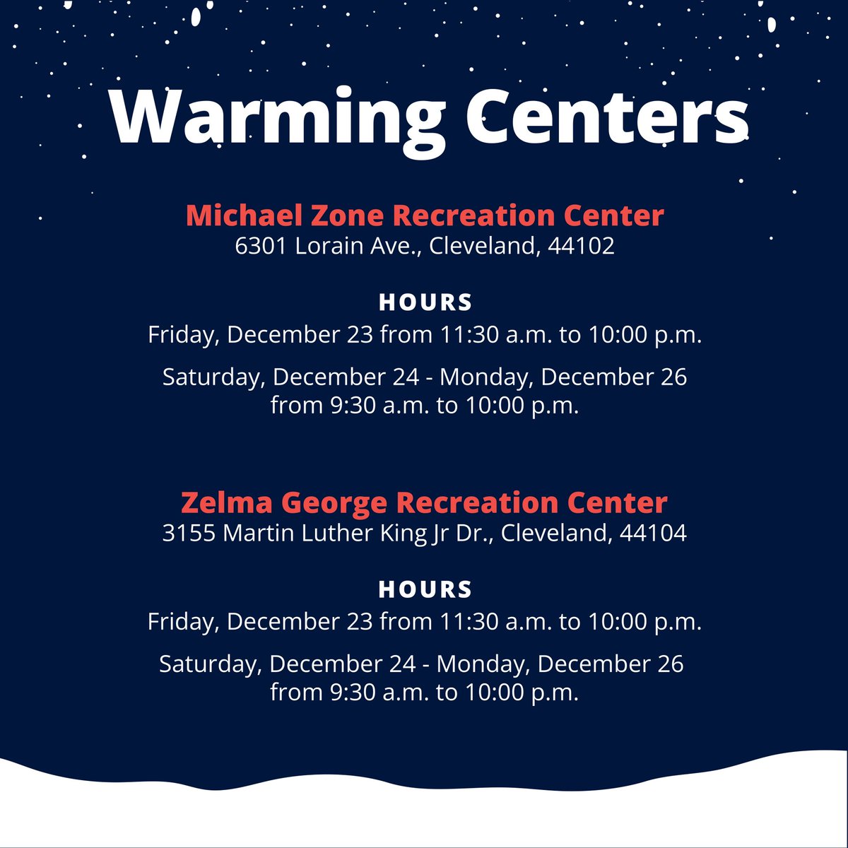 Warming Centers will be open at several locations across the city tomorrow, Friday, Dec. 23 and Saturday, Dec. 24. For information about shelters outside of these hours, call 2-1-1.