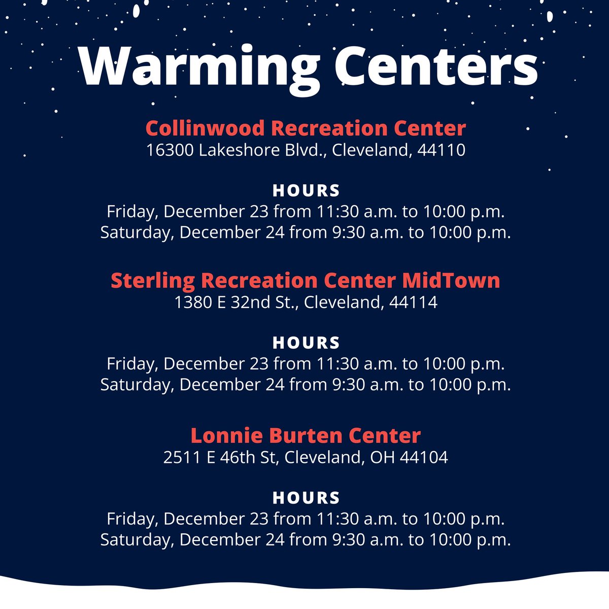 CityofCleveland's tweet photo. Warming Centers will be open at several locations across the city tomorrow, Friday, Dec. 23 and Saturday, Dec. 24. For information about shelters outside of these hours, call 2-1-1. https://t.co/CNblyXZbfr