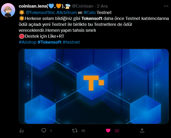 Coinisan's tweet photo. 🌟Selamlar daha önce paylaştığım #Tokensoft Testnetlerine katılanların yapması gereken görevler var onları yapalım $Soft #Airdrop için önemli
🌟Katıldığımız Testnetler
1⃣ Optimism :https://t.co/AzLAYlU0Ti
2⃣ Arbitrum ve Celo:https://t.co/2zStF8vLzB
🛑Desteklemek için RT/LİKE https://t.co/UwOzV3QtUg
