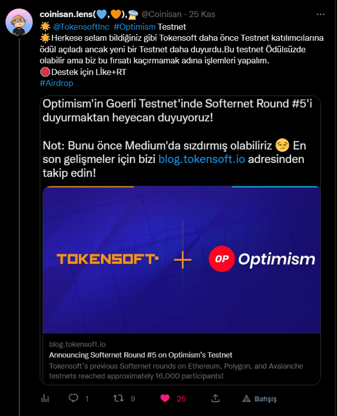 Coinisan's tweet photo. 🌟Selamlar daha önce paylaştığım #Tokensoft Testnetlerine katılanların yapması gereken görevler var onları yapalım $Soft #Airdrop için önemli
🌟Katıldığımız Testnetler
1⃣ Optimism :https://t.co/AzLAYlU0Ti
2⃣ Arbitrum ve Celo:https://t.co/2zStF8vLzB
🛑Desteklemek için RT/LİKE https://t.co/UwOzV3QtUg