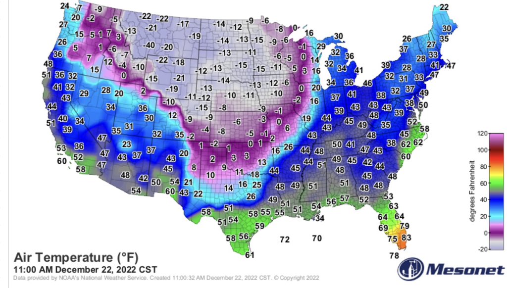 CamutoWHNT's tweet photo. This is the look at the air temperatures across the country as of 11 am! Temperatures along the front have dropped 10-20 degrees in an hour🥶 #Dangerouscold https://t.co/Z6PhtTpctT