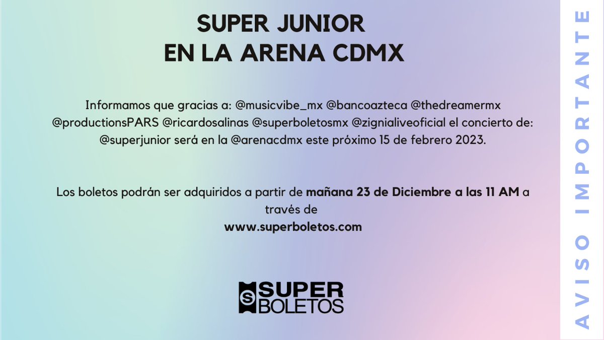 ArenaCdMexico's tweet photo. Informamos que gracias a: @Musicvibe_mx #DreamerEspectaculos @ProductionsPARS @RicardoBSalinas @SuperboletosMx @BancoAzteca
@Zignialive_ el concierto de: @SJofficial será en la @ArenaCdMexico este próximo 15 de febrero 2023.

Los boletos a partir del 23 de Diciembre 11 am. https://t.co/CAuhp0UwNf