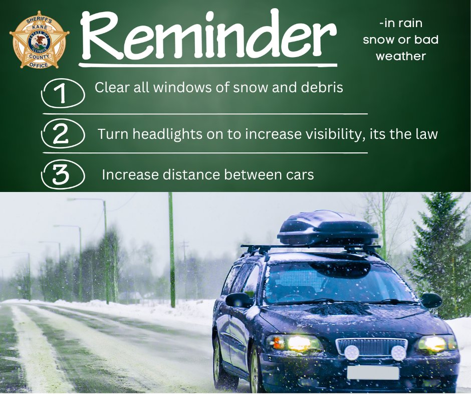 The snow has started in Kane County with IDOT, KDOT, and Township plows out on our 500 square miles of roads. Make sure you remember - clear all windows of debris - turn on those vehicle headlights - allowing enough time to slow or stop. #stayhome #Christmas2022