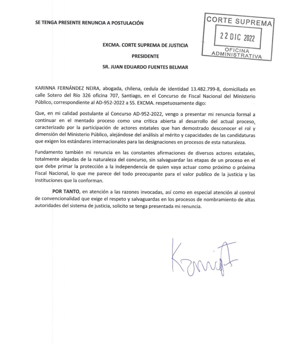 MarioAntoGuzman's tweet image. La abogada de DD.HH., Karinna Fernández Neira presentó su renuncia ante la Corte Suprema para completar tercera la quina a Fiscal Nacional: “Es una crítica abierta al desarrollo del actual proceso” señala en su escrito al máximo tribunal del país @agenciaunochile @AFPespanol