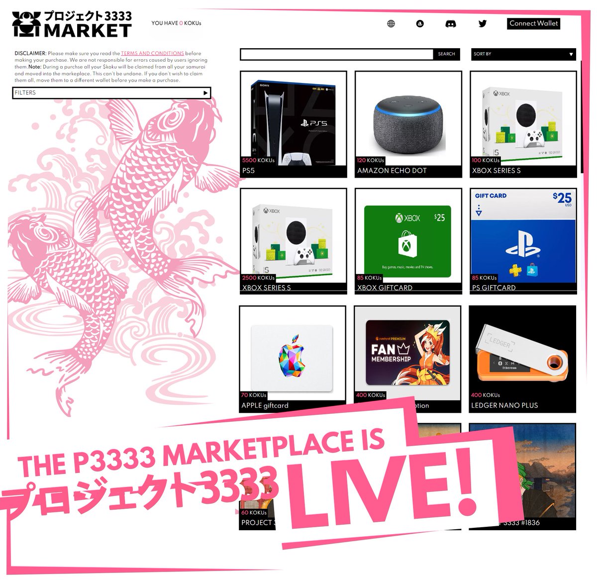 ⛩️ THE #P3333MARKET IS LIVE!!! ⛩️ Visit the Marketplace today to claim your $koku and start reaping the benefits! 🎁 HUGE IRL benefits await, from PS5s to Amazon Fire tablets and SO MUCH MORE!
Enter here 👇 👇 👇
market.p3333.io