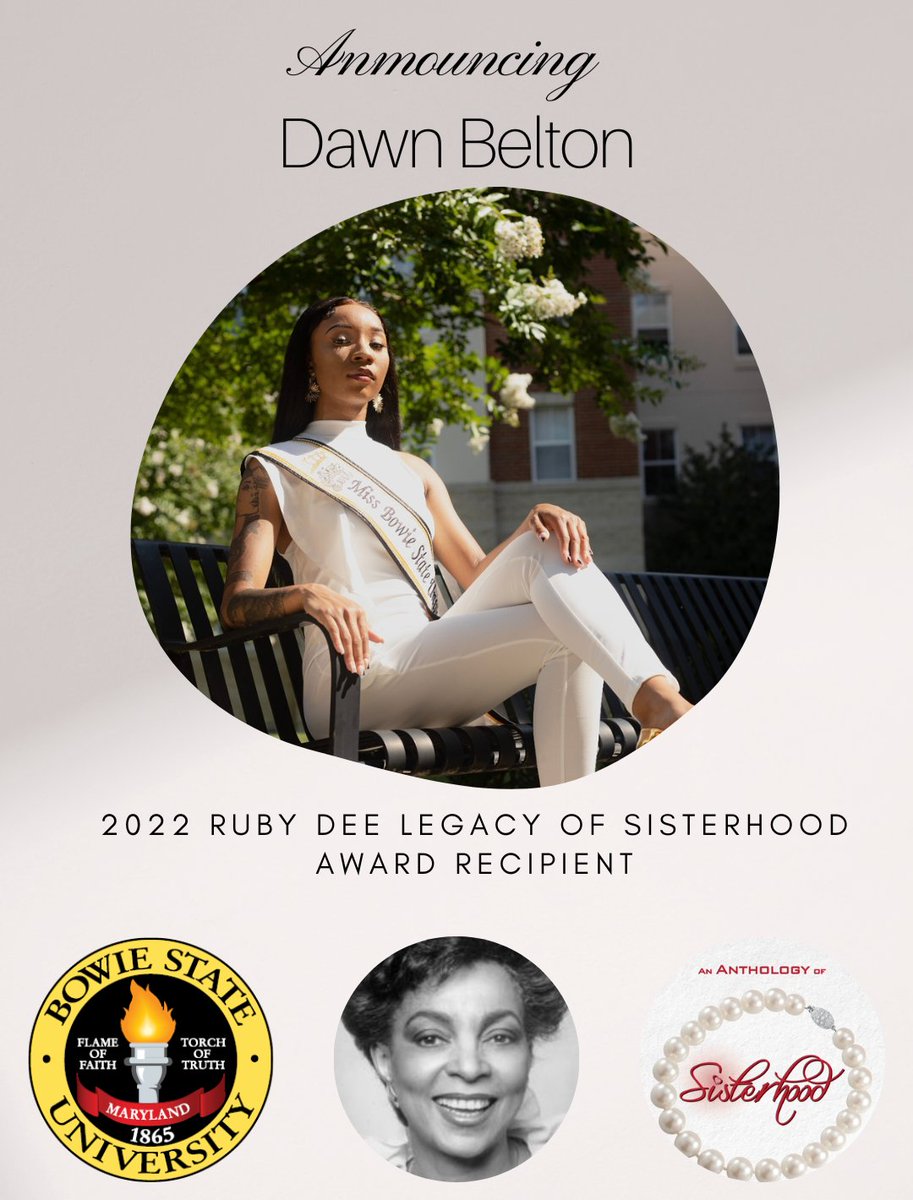 On this 22nd day of December,  we're pleased to announce 2022 recipient of the Ruby Dee Legacy of Sisterhood Scholarship:  
Soror Dawn Belton 
Miss <a href="/BowieState/">Bowie State University</a>
Theater Major
<a href="/NAACP/">NAACP</a> Member
Greek Leadership Council 
Student Orientation Leader
Couture Modeling Team 
<a href="/dstinc1913/">dstinc1913</a> ❤️