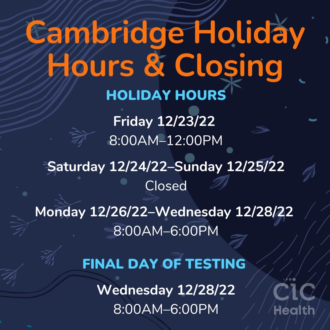 Our Cambridge testing sites FINAL day of testing will be December 28th, 2022. We want to thank all of our guests who have come in and kept their community safe. Have a happy and healthy holiday!