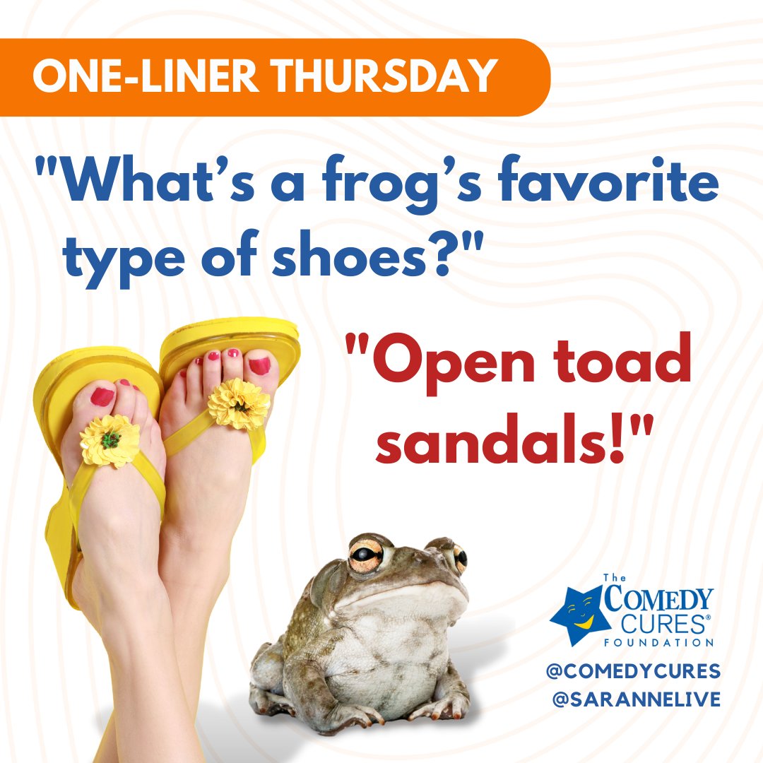 sarannelive's tweet image. It’s One-Liner Thursday! “What's a frog's favorite type of shoes?"
"Open toad sandals!" @comedycures

@sarannelive #comedycures #frog #froghumor #toadhumor #sandals #sandalhumor #shoehumor #opentoesandals #fashion #sandal #nonprofitorganization  #joke #humor #onelinerjoke