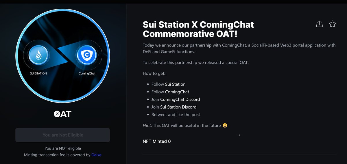 Hasmed (@hasmed_og) on Twitter photo 🥳 SUI STATION X <a href="/ComingChatApp/">ComingChat</a> 🥳
To celebrate our partnership, we’re releasing a special OAT!
1️⃣ Like, RT this tweet
2️⃣ Finish the tasks and claim: galxe.com/suistation/cam…
This OAT will be useful in the future. Claim this OAT now!!!
#SuiStation #Sui $SUI #Airdrop #Suinami 🥳 SUI STATION X <a href="/ComingChatApp/">ComingChat</a> 🥳
To celebrate our partnership, we’re releasing a special OAT!
1️⃣ Like, RT this tweet
2️⃣ Finish the tasks and claim: galxe.com/suistation/cam…
This OAT will be useful in the future. Claim this OAT now!!!
#SuiStation #Sui $SUI #Airdrop #Suinami