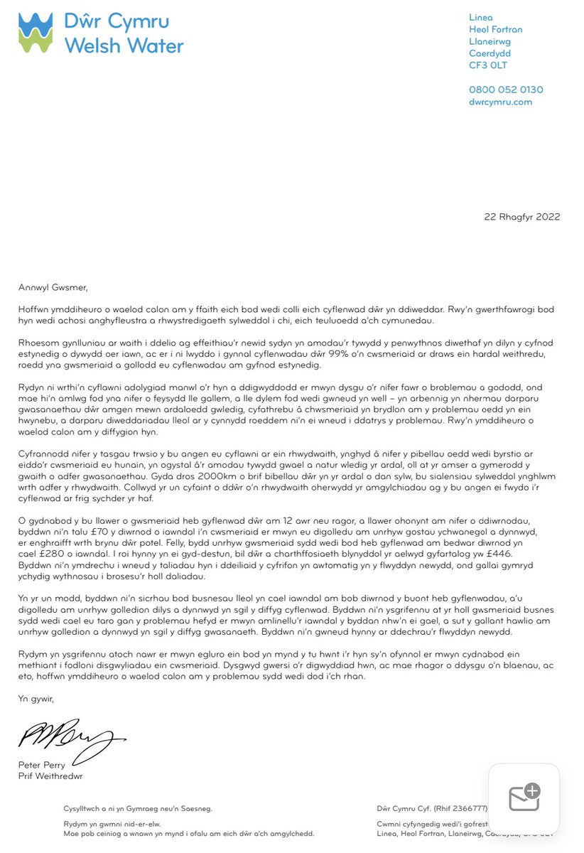 Just received confirmation from Welsh Water that they will pay £70 a day compensation for everyone who’s been without water. And compensation for businesses too. 💦
Dyma gadanhad newydd gyrraedd wrth DŵrCymru y byddant yn talu £70 y dydd i bob tŷ fu heb ddŵr.  💦