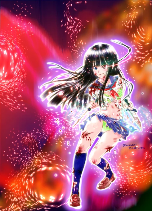 炎の中を──焔を纏い戦う少女。...です寒いので熱い絵を...この子は創作漫画のキャラです。#武器娘 #ナイフ #創作漫画 #創作 