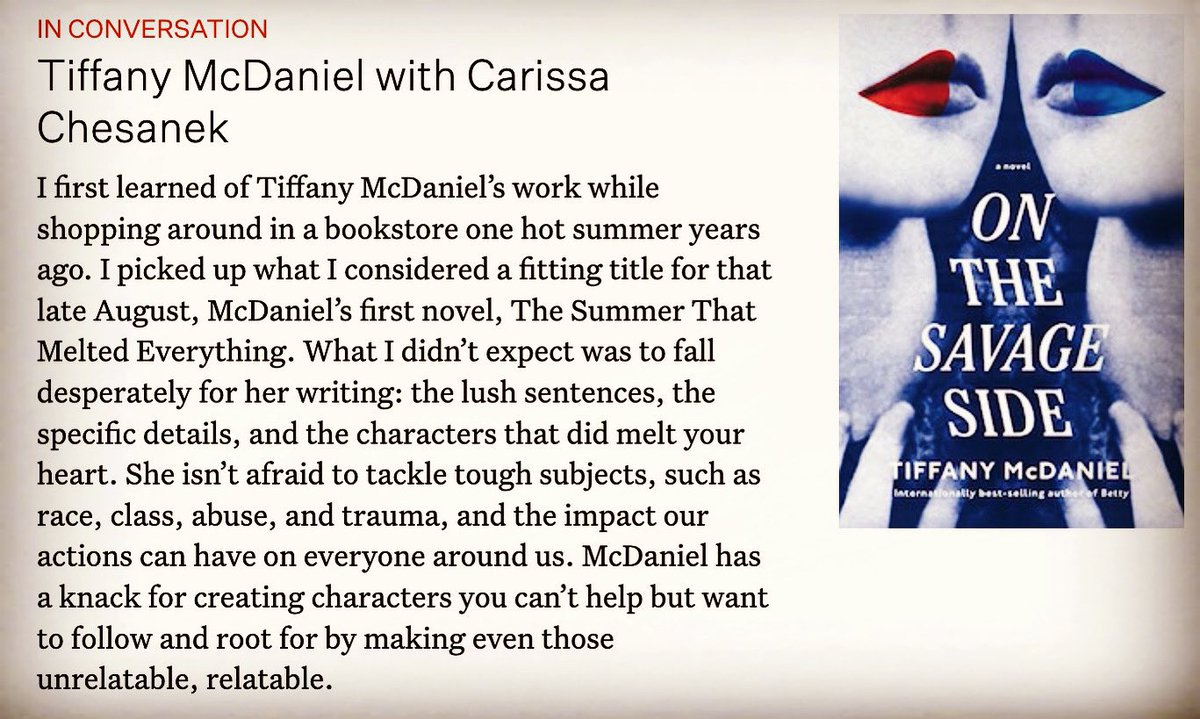 Chesanek's tweet photo. Such a wonderful opportunity to chat with one of my favorite authors Tiffany McDaniel about her new book, On the Savage Side for @TheBrooklynRail @penguinrandom https://t.co/N8JeX1UT2O