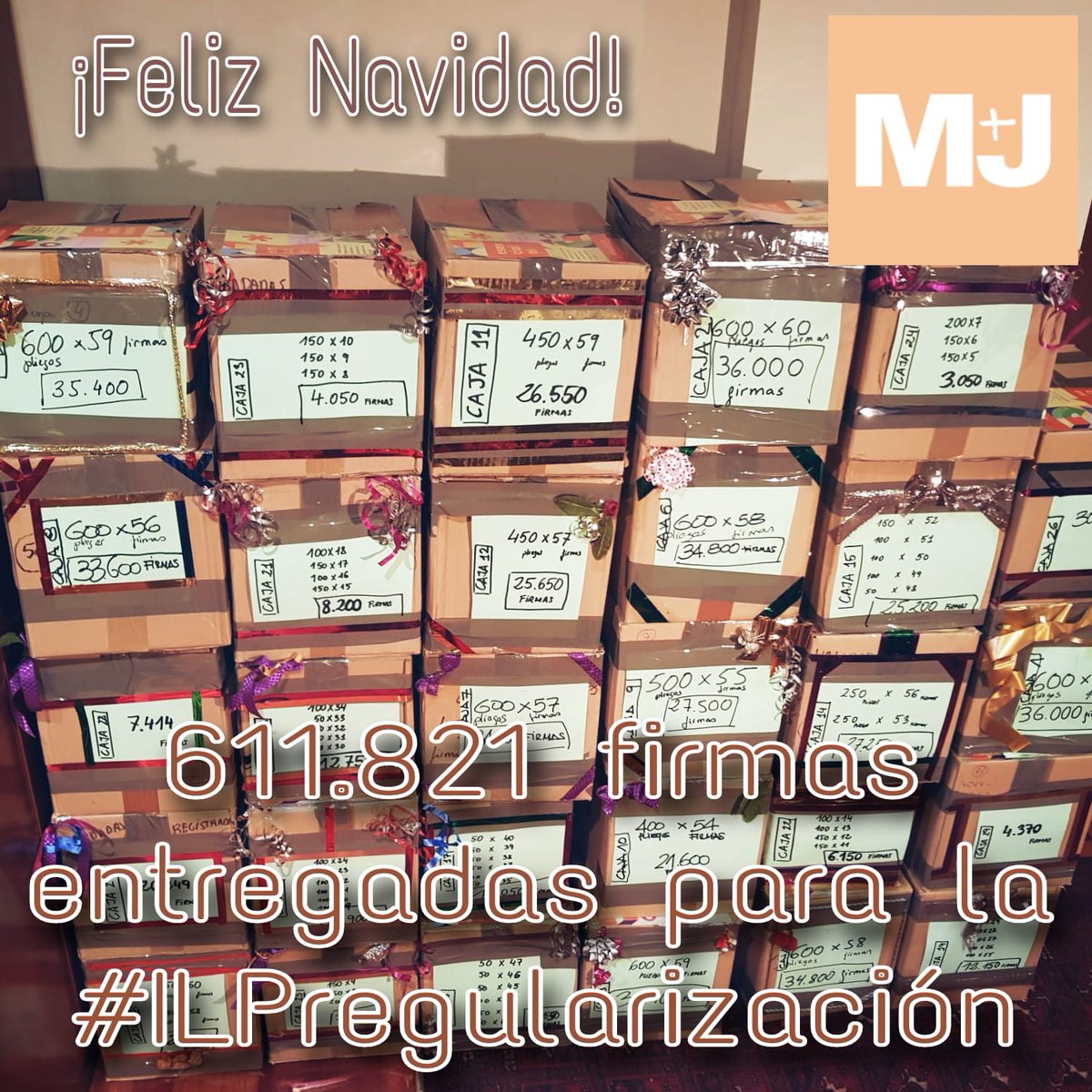 mundo_mas_justo's tweet photo. Os deseamos una Navidad llena de justicia y participación como las cajas repletas de vuestras firmas de la #ILPregularización ¡Feliz Navidad! https://t.co/HoGe6LdVwa